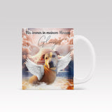 Custom white mug featuring a photo of a pet with angel wings and heavenly background – pet memorial design