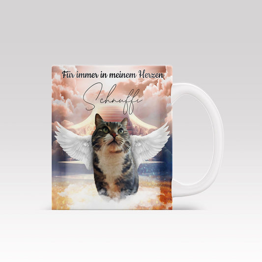 Custom white mug featuring a photo of a pet with angel wings and heavenly background – pet memorial design
