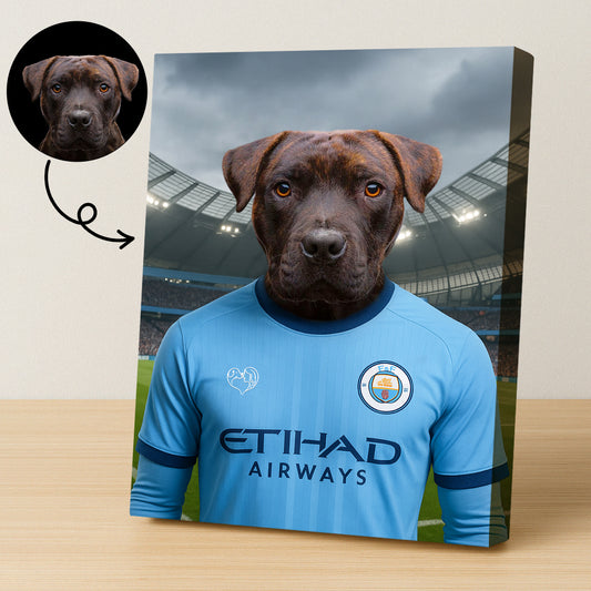 Custom pet portrait of a dog in 2025/26 Manchester City football jersey