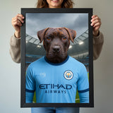 Custom pet portrait of a dog in 2025/26 Manchester City football jersey