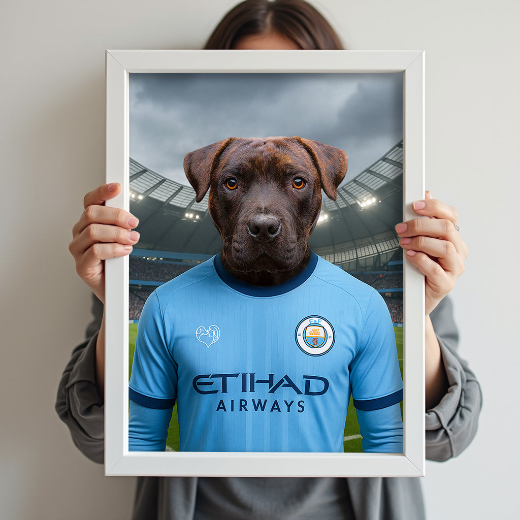 Custom pet portrait of a dog in 2025/26 Manchester City football jersey