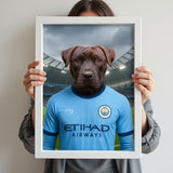 Custom pet portrait of a dog in 2025/26 Manchester City football jersey