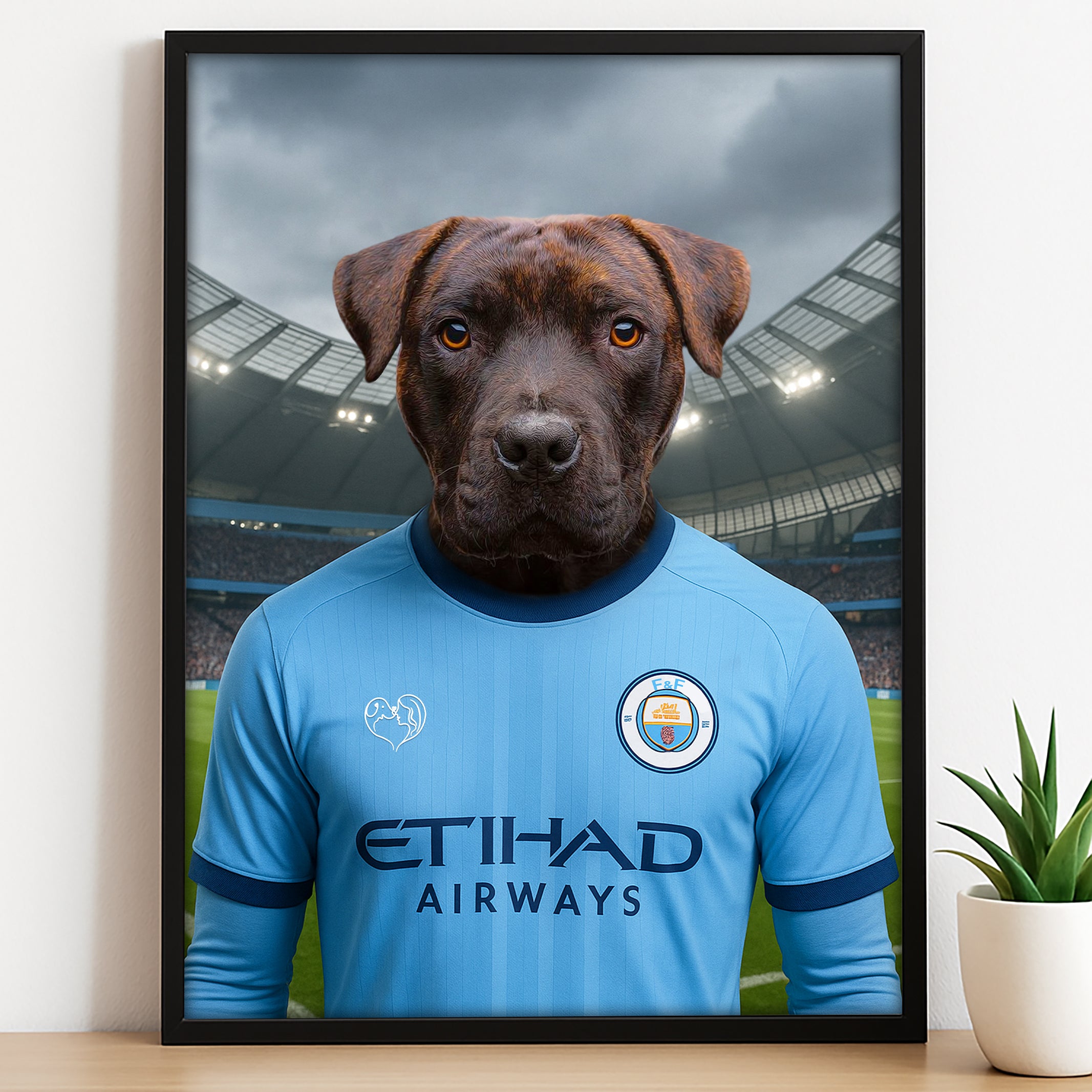 Custom pet portrait of a dog in 2025/26 Manchester City football jersey