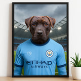 Custom pet portrait of a dog in 2025/26 Manchester City football jersey