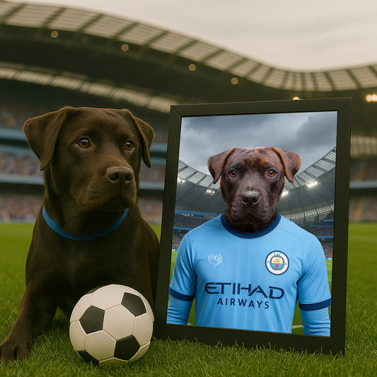 Custom pet portrait of a dog in 2025/26 Manchester City football jersey