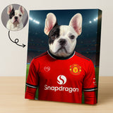 Custom pet portrait of a dog in 2025/26 Manchester United football jersey