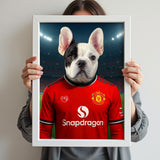 Custom pet portrait of a dog in 2025/26 Manchester United football jersey
