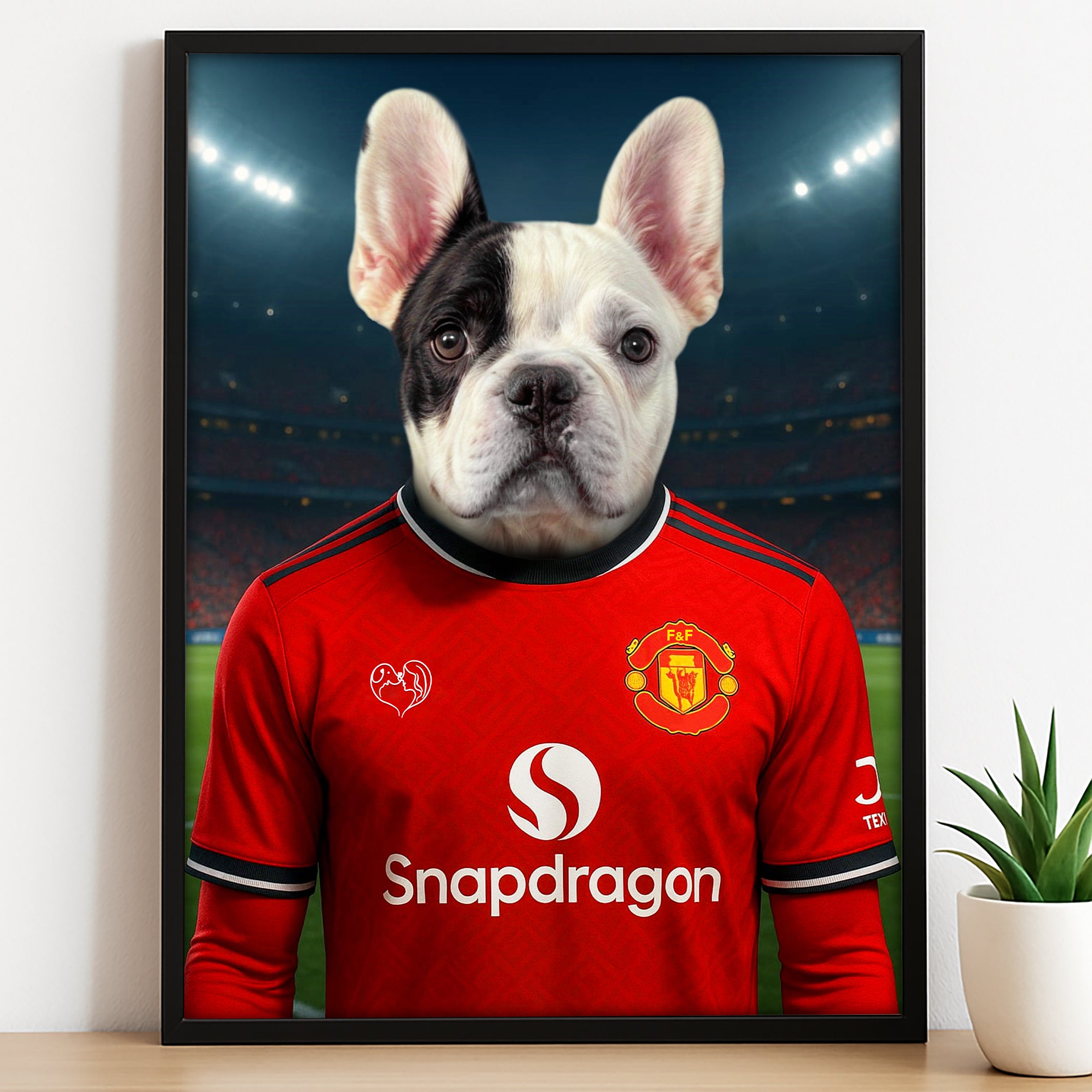 Custom pet portrait of a dog in 2025/26 Manchester United football jersey