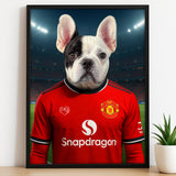 Custom pet portrait of a dog in 2025/26 Manchester United football jersey