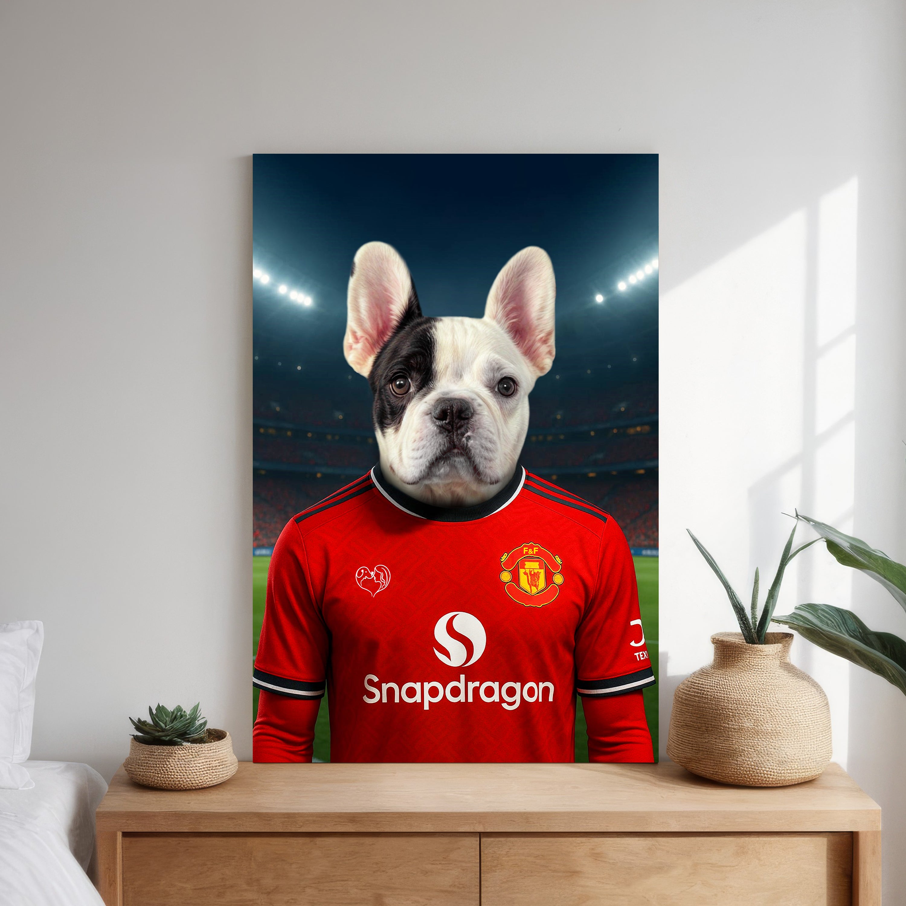 Custom pet portrait of a dog in 2025/26 Manchester United football jersey