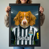 Custom pet portrait of a dog in 2025/26 Newcastle United football jersey