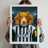 Custom pet portrait of a dog in 2025/26 Newcastle United football jersey
