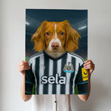 Custom pet portrait of a dog in 2025/26 Newcastle United football jersey