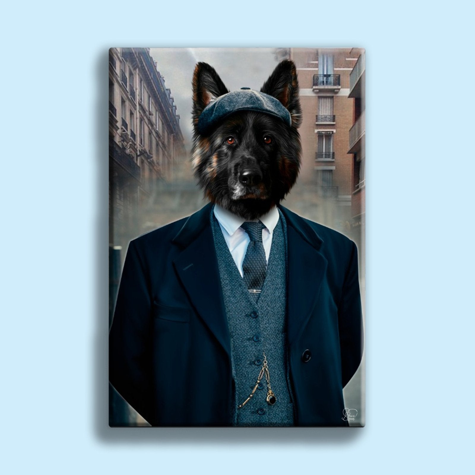 Custom Thomas Shelby-inspired Peaky Blinders pet portrait with vintage outfit and flat cap