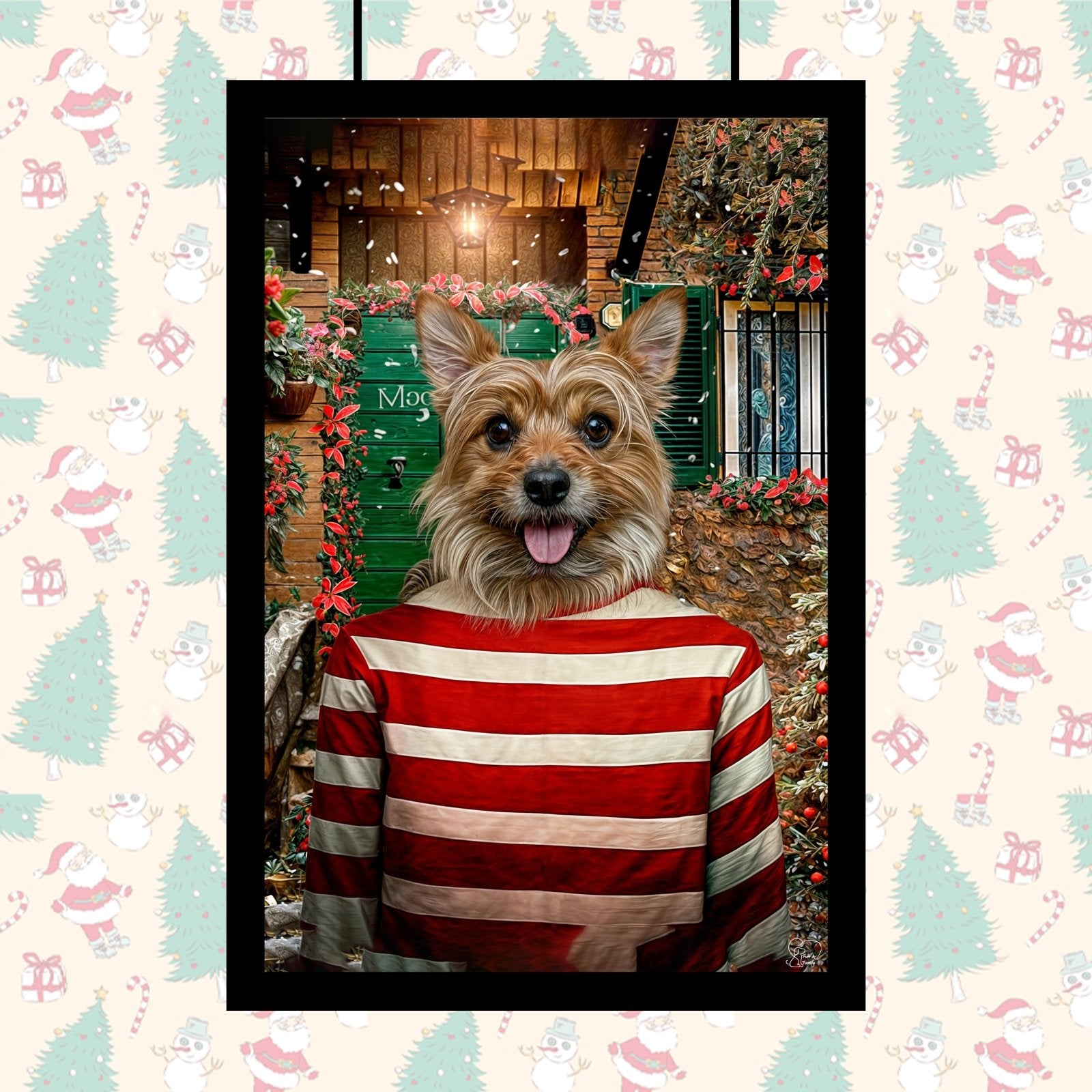 Custom holiday pet portrait featuring a dog or cat in a candy cane-themed costume, with festive winter background elements