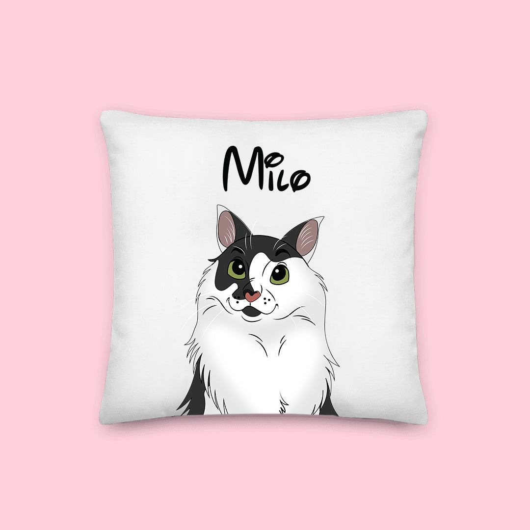 Custom throw pillow with Disney-style cartoon pet portrait featuring a dog or cat with expressive eyes and animated features
