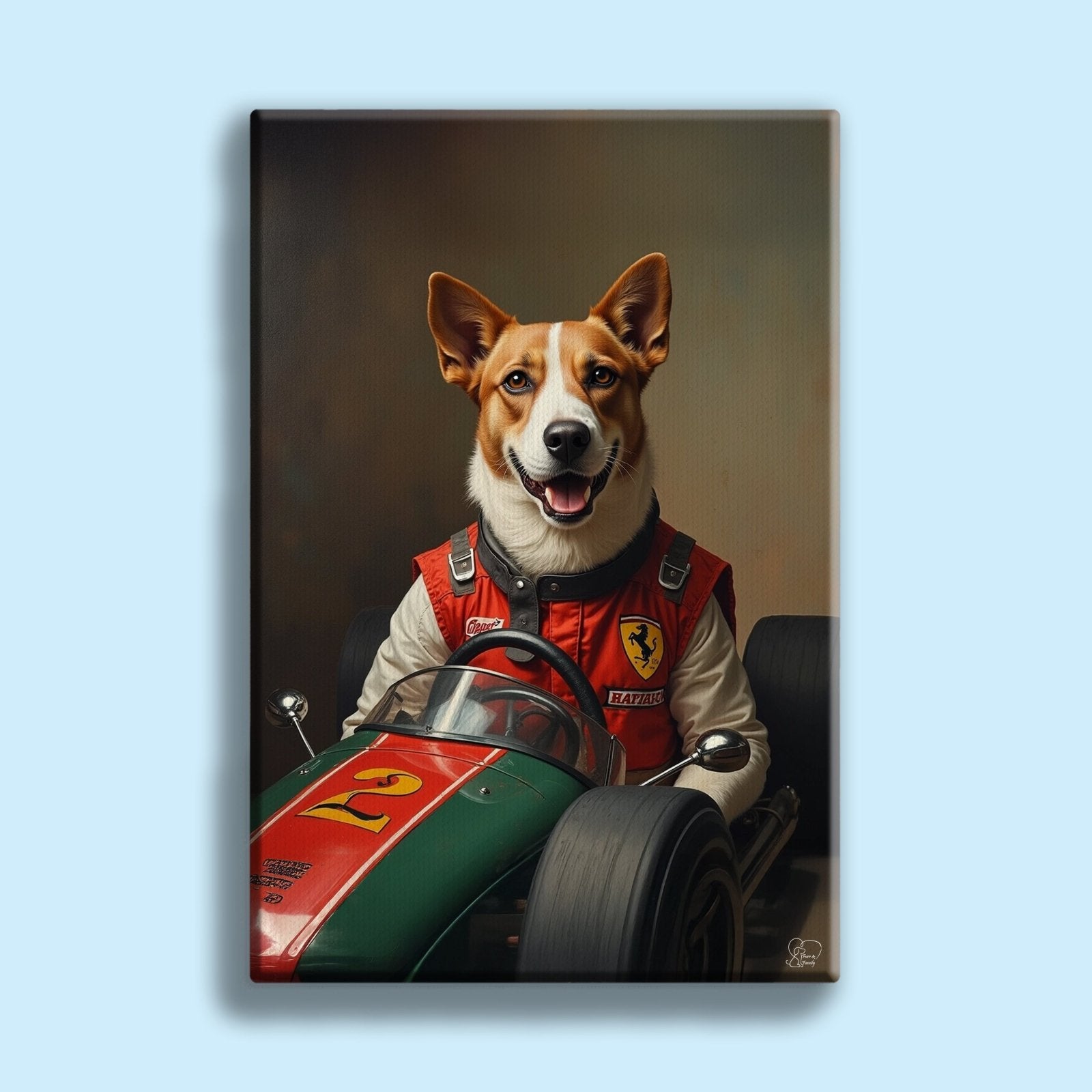 Custom pet portrait of a dog or cat in a Formula 1-inspired racing suit, hand-drawn in motorsport theme from a customer-submitted photo