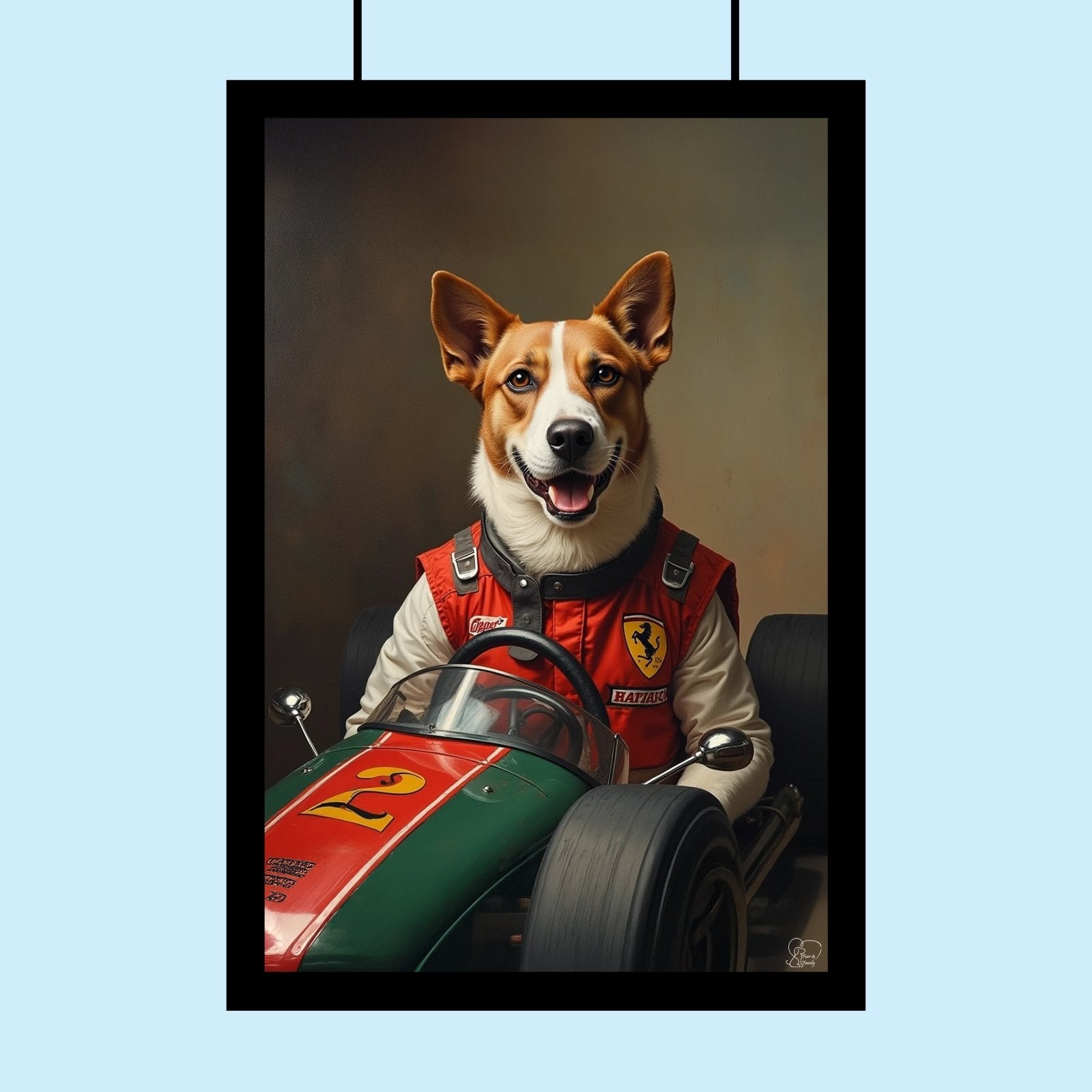 Custom pet portrait of a dog or cat in a Formula 1-inspired racing suit, hand-drawn in motorsport theme from a customer-submitted photo