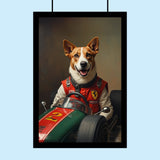 Custom pet portrait of a dog or cat in a Formula 1-inspired racing suit, hand-drawn in motorsport theme from a customer-submitted photo