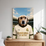 Custom pet portrait of a dog in 2025/26 Real Madrid football jersey