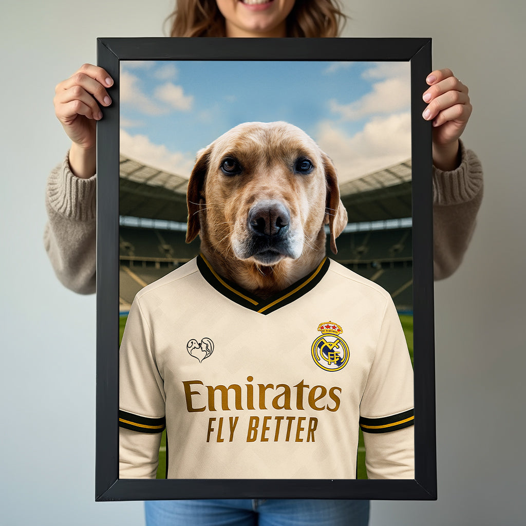 Custom pet portrait of a dog in 2025/26 Real Madrid football jersey