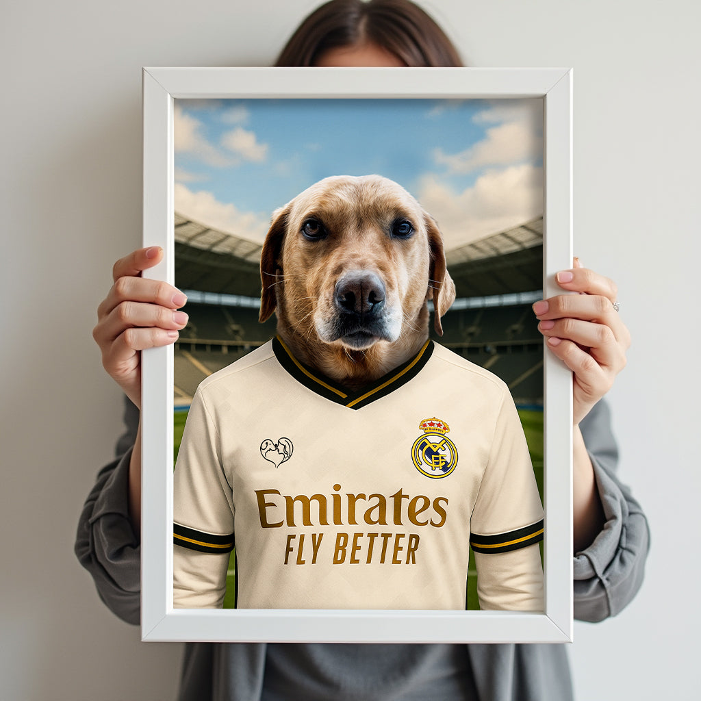 Custom pet portrait of a dog in 2025/26 Real Madrid football jersey