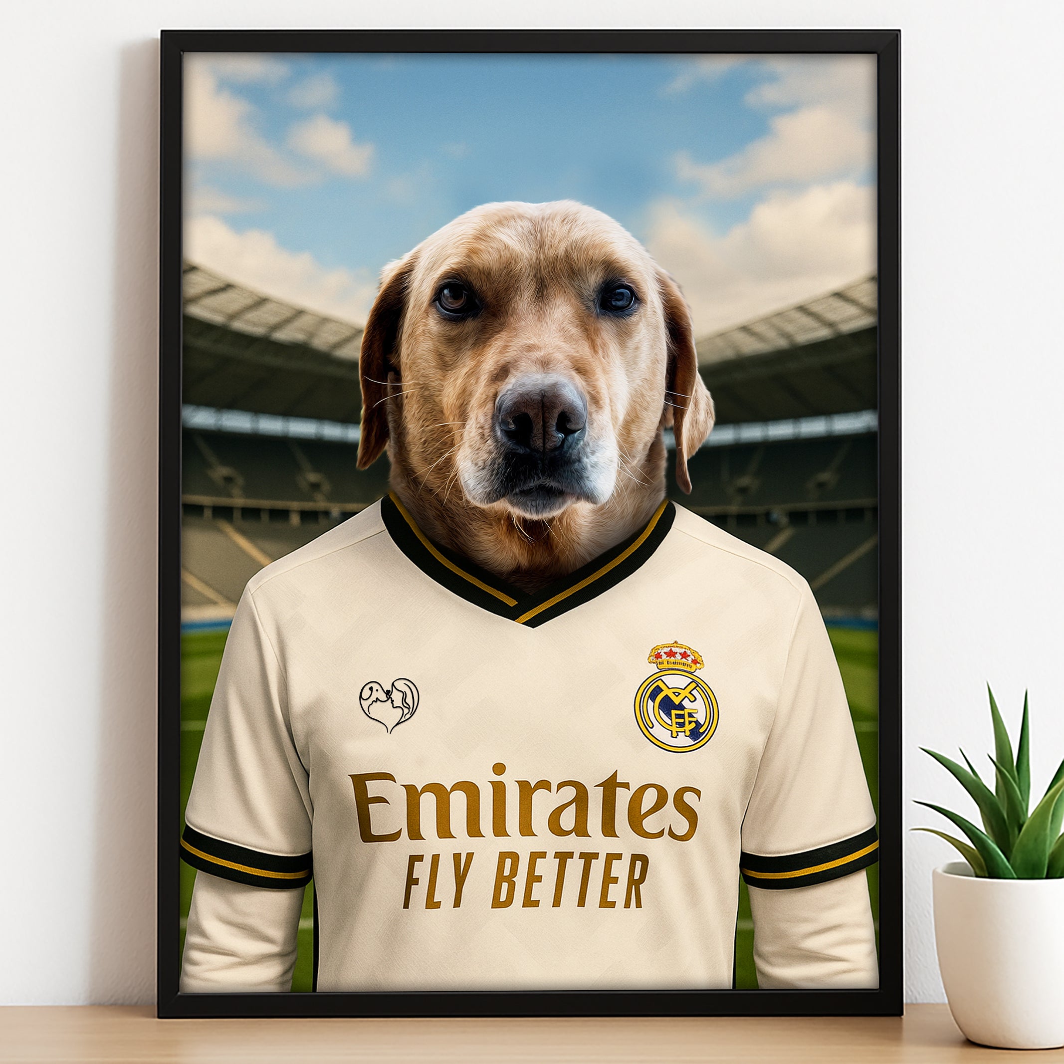 Custom pet portrait of a dog in 2025/26 Real Madrid football jersey