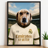 Custom pet portrait of a dog in 2025/26 Real Madrid football jersey