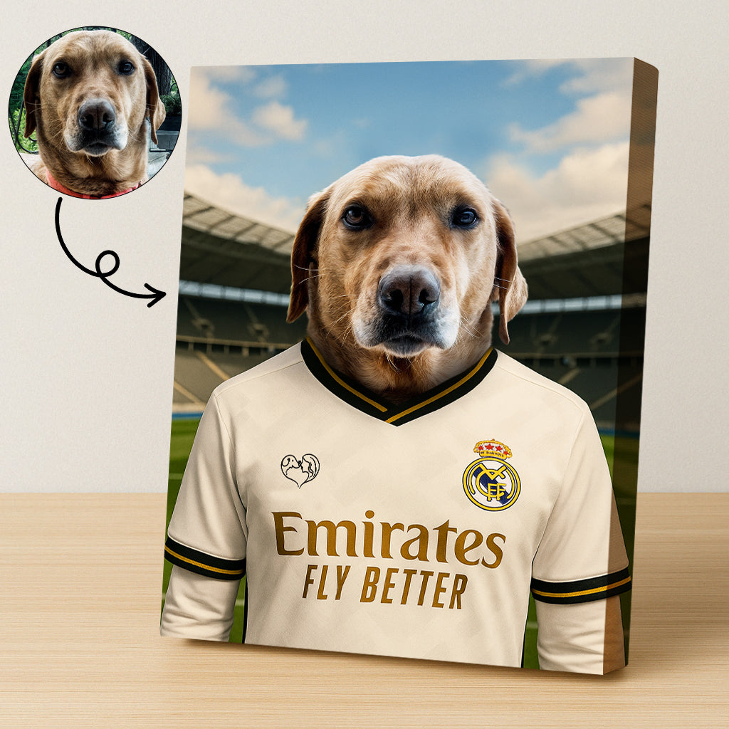 Custom pet portrait of a dog in 2025/26 Real Madrid football jersey