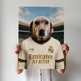 Custom pet portrait of a dog in 2025/26 Real Madrid football jersey