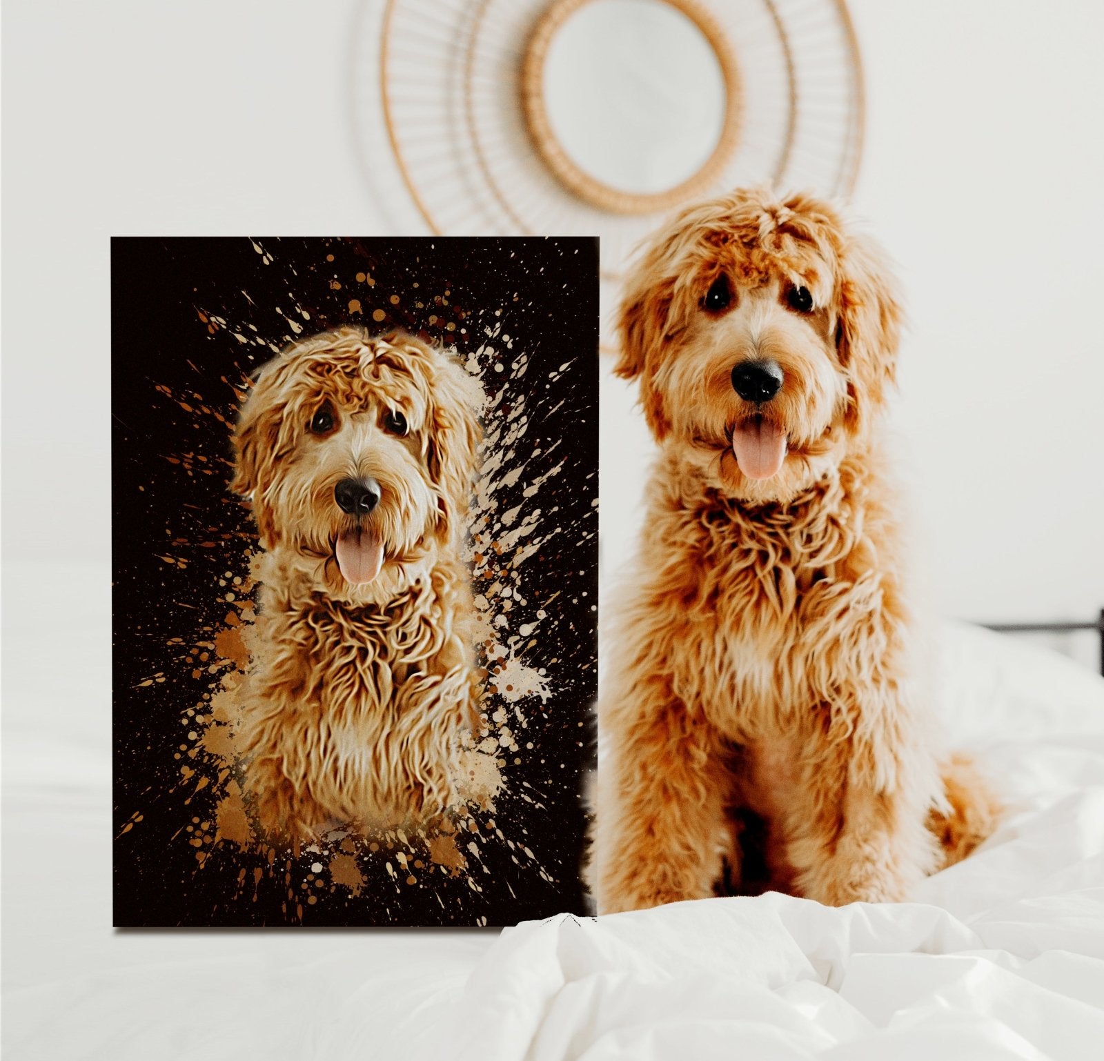 Custom contemporary pet portrait featuring a dog or cat in a vibrant, modern style with geometric shapes and bold colors