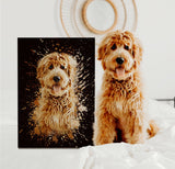 Custom contemporary pet portrait featuring a dog or cat in a vibrant, modern style with geometric shapes and bold colors