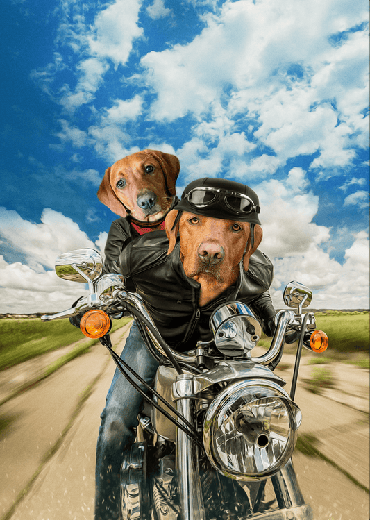 Custom multi-pet portrait of dogs and/or cats wearing leather jackets and helmets, riding motorcycles with bold biker attitude