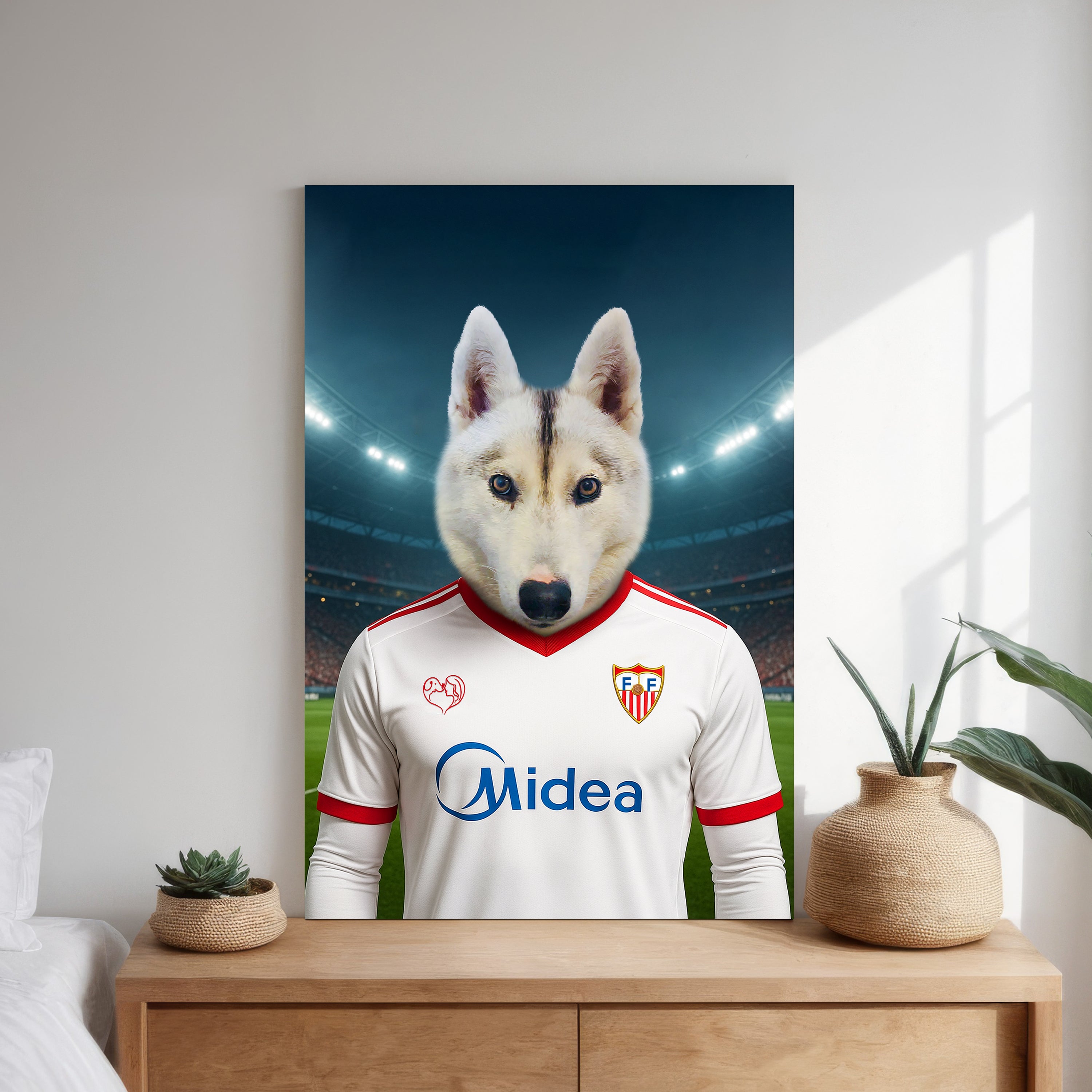 Custom pet portrait of a dog in 2025/26 Sevilla FC football jersey