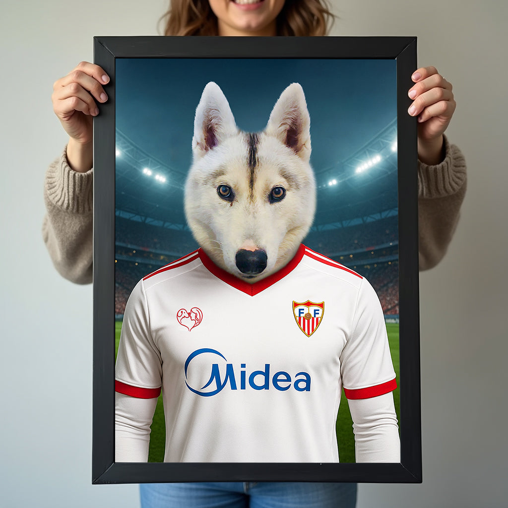 Custom pet portrait of a dog in 2025/26 Sevilla FC football jersey