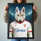 Custom pet portrait of a dog in 2025/26 Sevilla FC football jersey