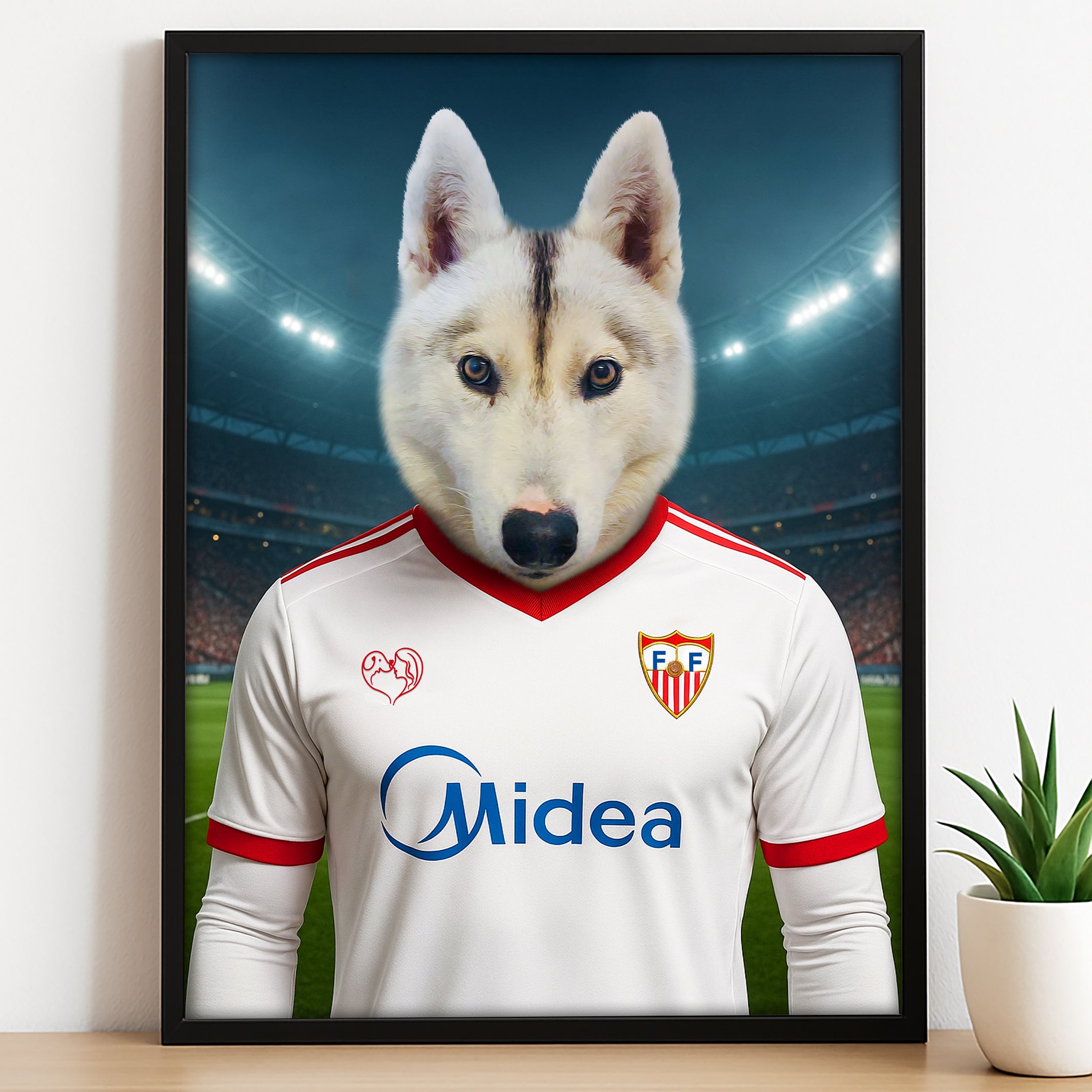 Custom pet portrait of a dog in 2025/26 Sevilla FC football jersey