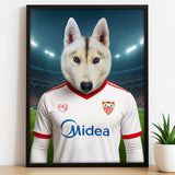 Custom pet portrait of a dog in 2025/26 Sevilla FC football jersey