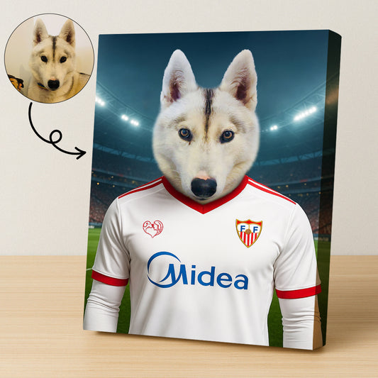 Custom pet portrait of a dog in 2025/26 Sevilla FC football jersey