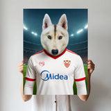 Custom pet portrait of a dog in 2025/26 Sevilla FC football jersey