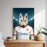 Custom pet portrait of a dog in 2025/26 Sevilla FC football jersey