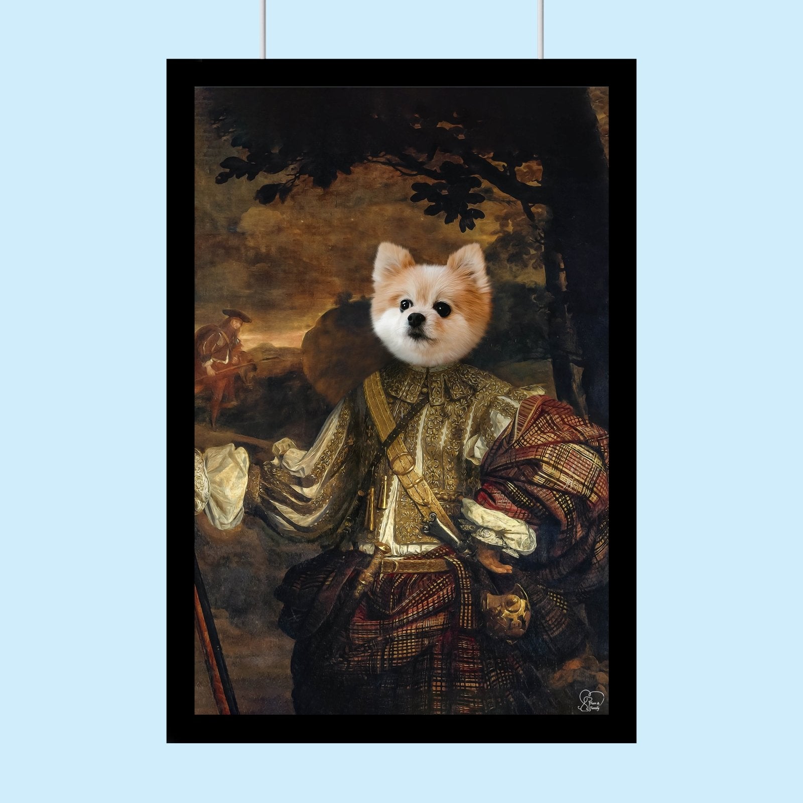 Custom Renaissance-style dog portrait featuring a dog in regal attire, with a detailed background in classic Renaissance art style