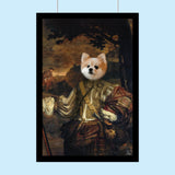 Custom Renaissance-style dog portrait featuring a dog in regal attire, with a detailed background in classic Renaissance art style