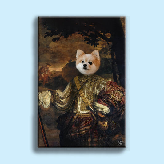 Custom Renaissance-style dog portrait featuring a dog in regal attire, with a detailed background in classic Renaissance art style