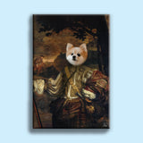 Custom Renaissance-style dog portrait featuring a dog in regal attire, with a detailed background in classic Renaissance art style