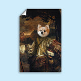 Custom Renaissance-style dog portrait featuring a dog in regal attire, with a detailed background in classic Renaissance art style
