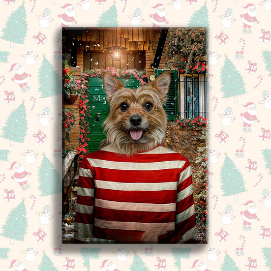 Custom holiday pet portrait featuring a dog or cat in a candy cane-themed costume, with festive winter background elements