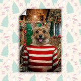 Custom holiday pet portrait featuring a dog or cat in a candy cane-themed costume, with festive winter background elements