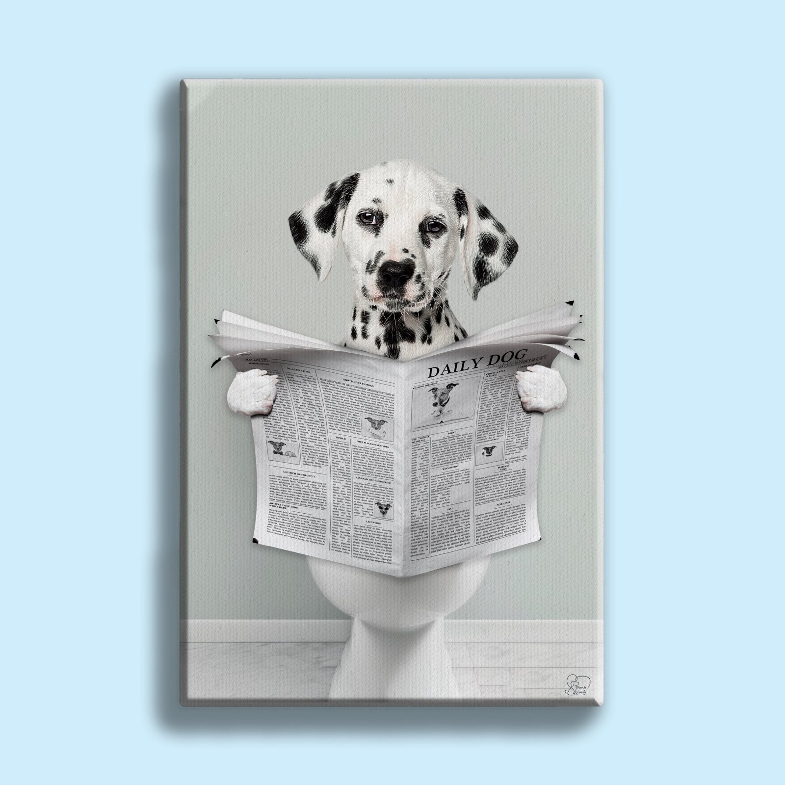 Custom pet portrait of a dog sitting on a toilet reading a newspaper in a humorous bathroom scene