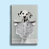Custom pet portrait of a dog sitting on a toilet reading a newspaper in a humorous bathroom scene